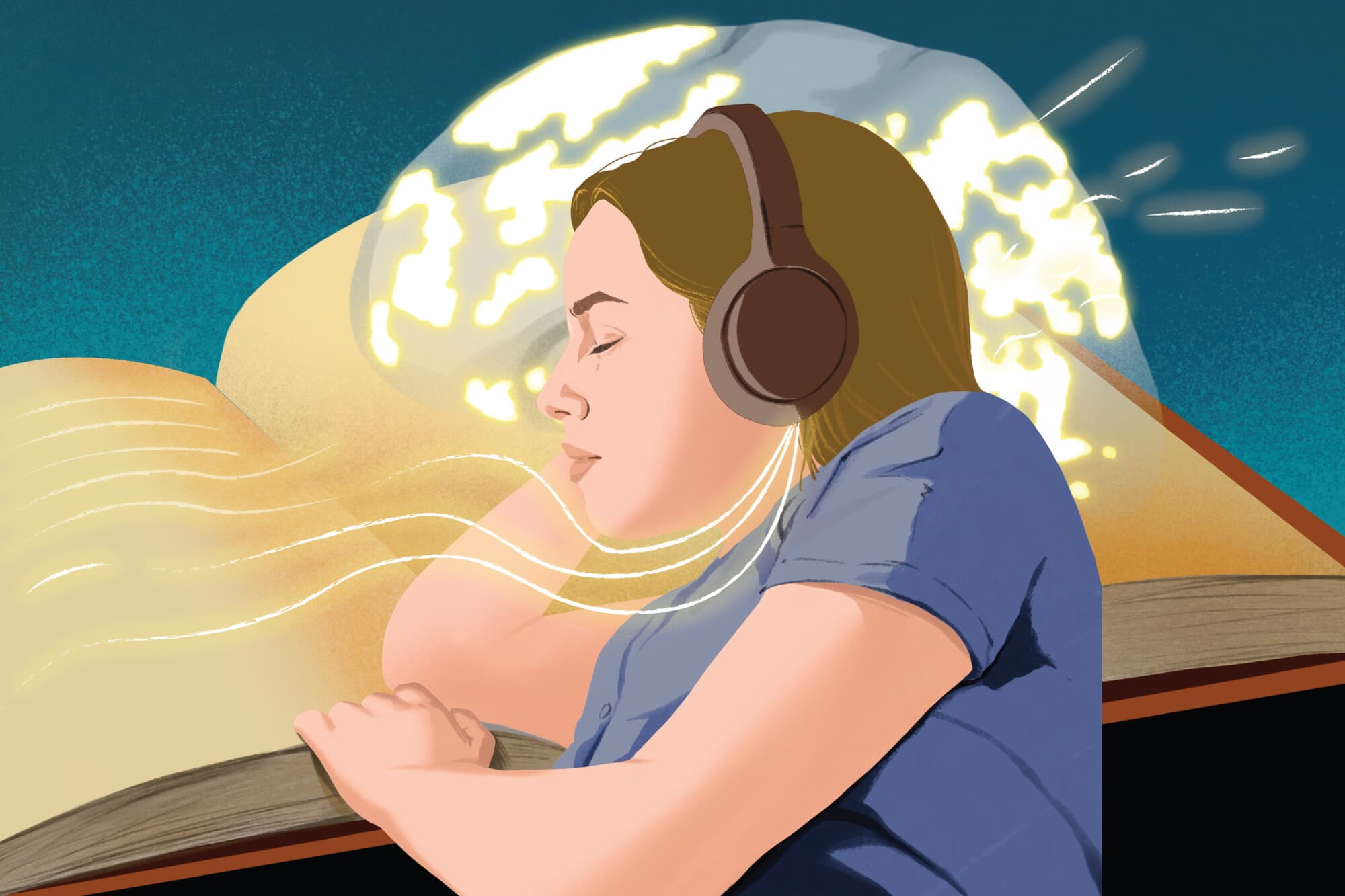 Cómo los audiolibros afectan su cerebro. (Ilustración de Lumi Liu/The Epoch Times).