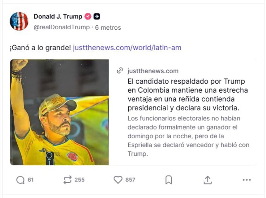 Trump celebra la victoria De la Espriella en la elección presidencial de Colombia: "Él ganó, ¡grande!"