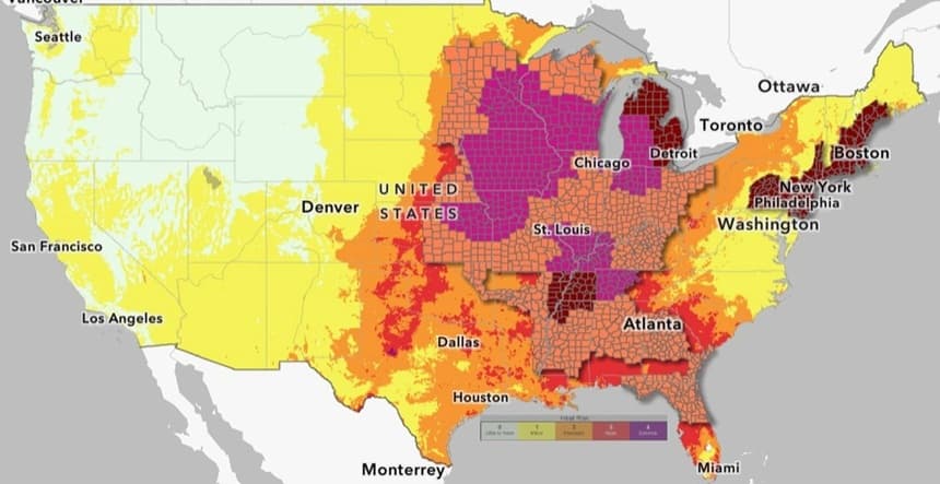 Un mapa del Servicio Meteorológico Nacional publicado el 29 de junio de 2026 muestra avisos relacionados con el calor en todo Estados Unidos. Las zonas en color púrpura están bajo advertencias de calor extremo, mientras que las zonas en rojo oscuro están bajo alertas de calor extremo. Las zonas en color naranja están bajo avisos de calor. (Servicio Meteorológico Nacional vía The Epoch Times)