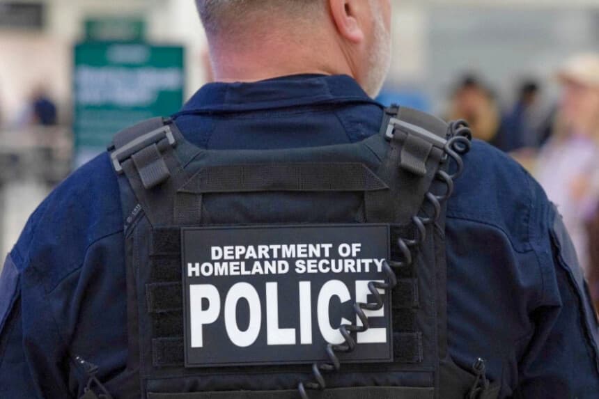 Un funcionario del Departamento de Seguridad Nacional da instrucciones a los pasajeros mientras esperan en fila en el Aeropuerto Intercontinental George Bush de Houston, Texas, el 25 de marzo de 2026. (Antranik Tavitian/Reuters).