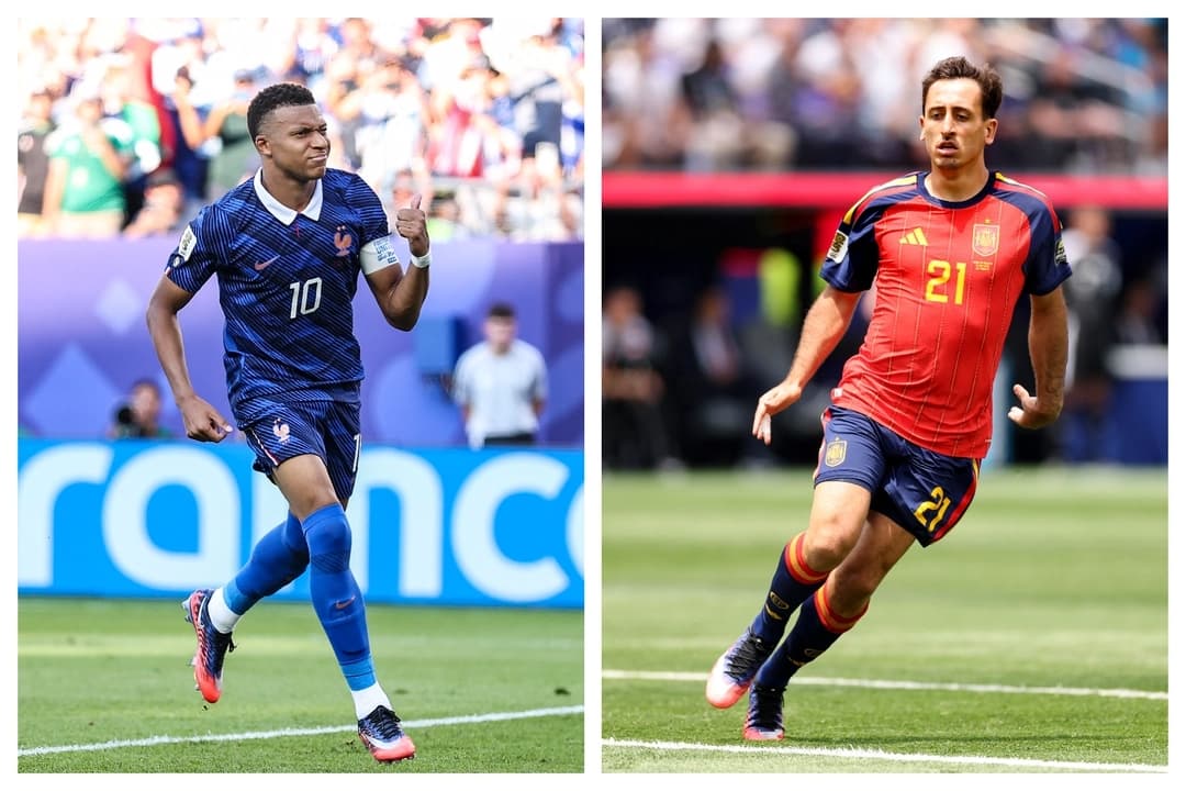 (Izquierda) El francés Kylian Mbappé celebra un gol durante el partido de la Copa Mundial de la FIFA 2026 contra Paraguay en el Estadio de Filadelfia, el 4 de julio de 2026. (Derecha) El español Mikel Oyarzabal durante el partido de cuartos de final contra Bélgica en el Estadio de Los Ángeles, el 10 de julio de 2026. (Dan Mullan/Getty Images, Carl Recine/Getty Images)