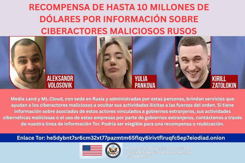 El Departamento de Estado de EE. UU. ofrece una recompensa de hasta 10 millones de dólares a cambio de información o de la ubicación de los cómplices de tres ciudadanos rusos sospechosos de coordinar ciberataques a gran escala contra empresas estadounidenses, lo que ha causado daños por valor de millones. (Cortesía del Departamento de Estado de EE. UU.).