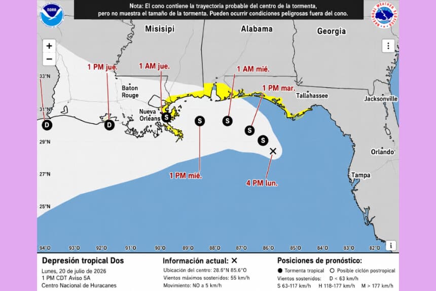 Trayectoria prevista de la depresión tropical que se espera se convierta en la tormenta tropical Bertha el 20 de julio de 2026. (NOAA/NHC/Captura de pantalla vía The Epoch Times).