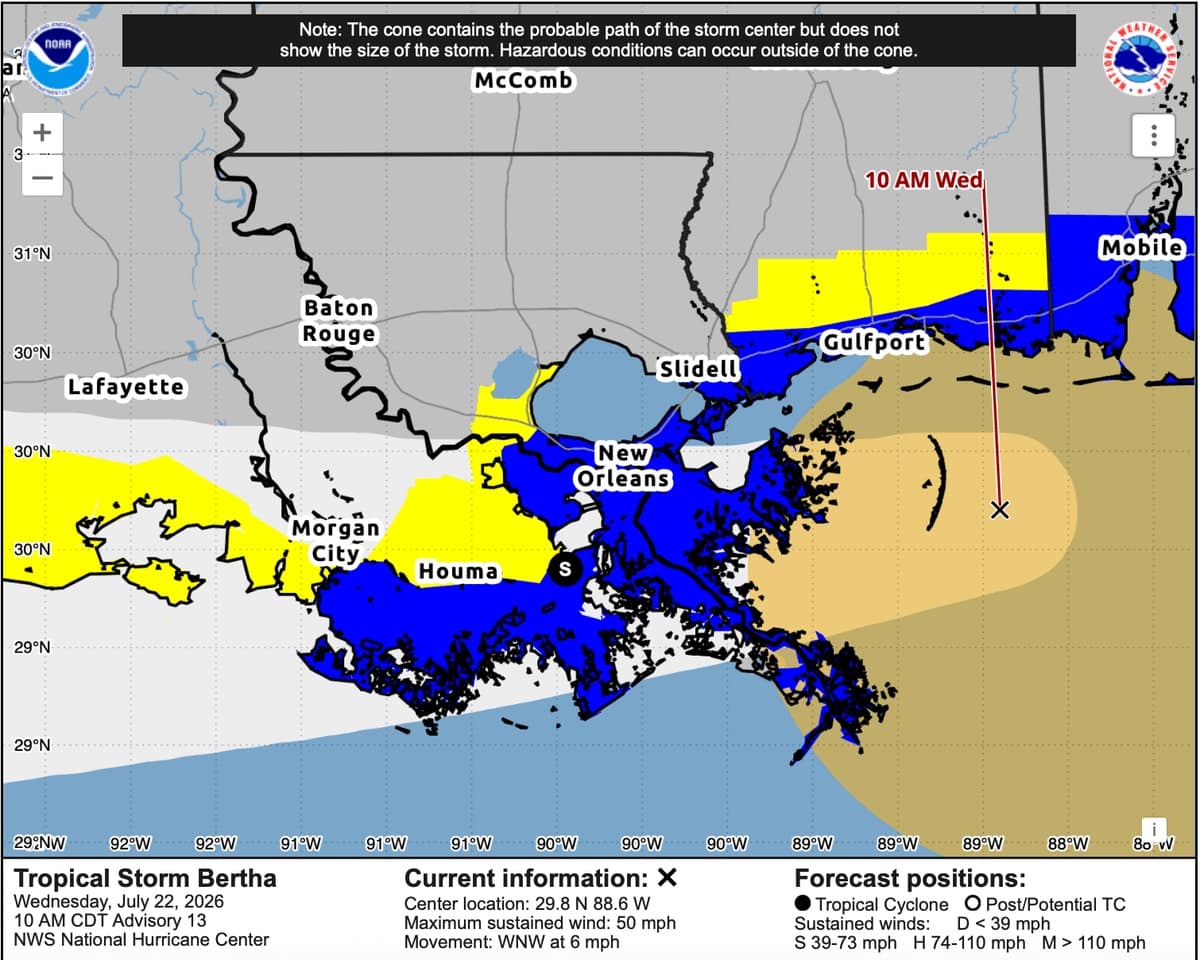 La trayectoria pronosticada de la tormenta tropical Bertha a las 10:00 a. m. (hora central) del 22 de julio de 2026. (Captura de pantalla/NOAA)