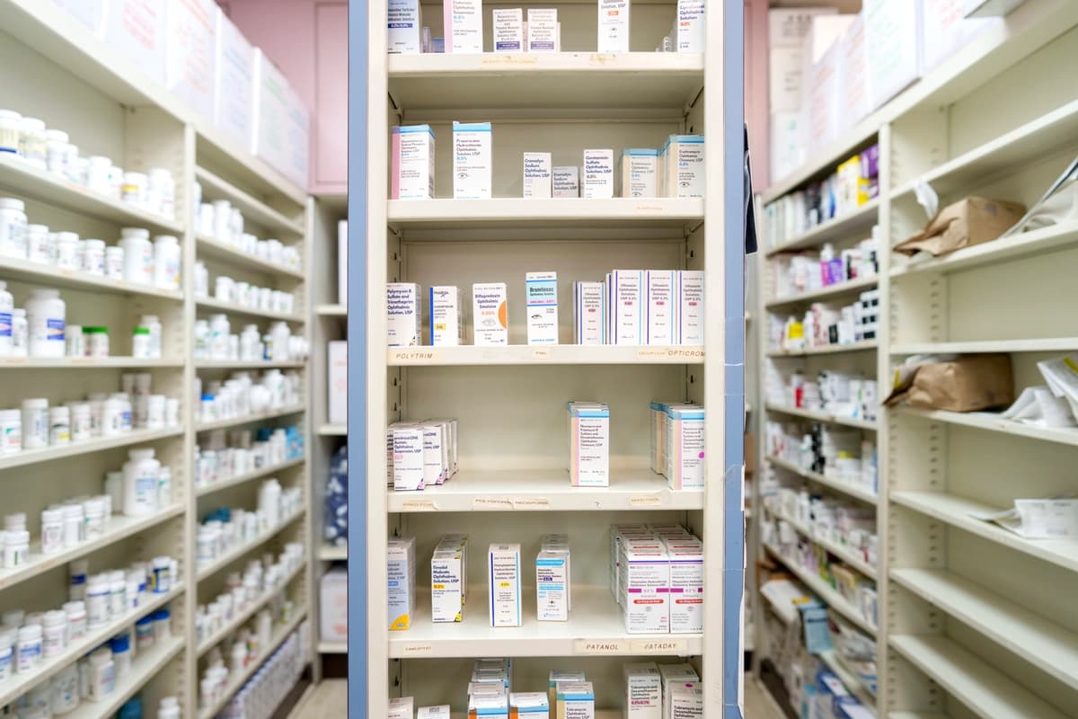 Medicamentos almacenados en estantes en una farmacia de Los Ángeles, el 12 de mayo de 2025. (Eric Thayer/Getty Images).
