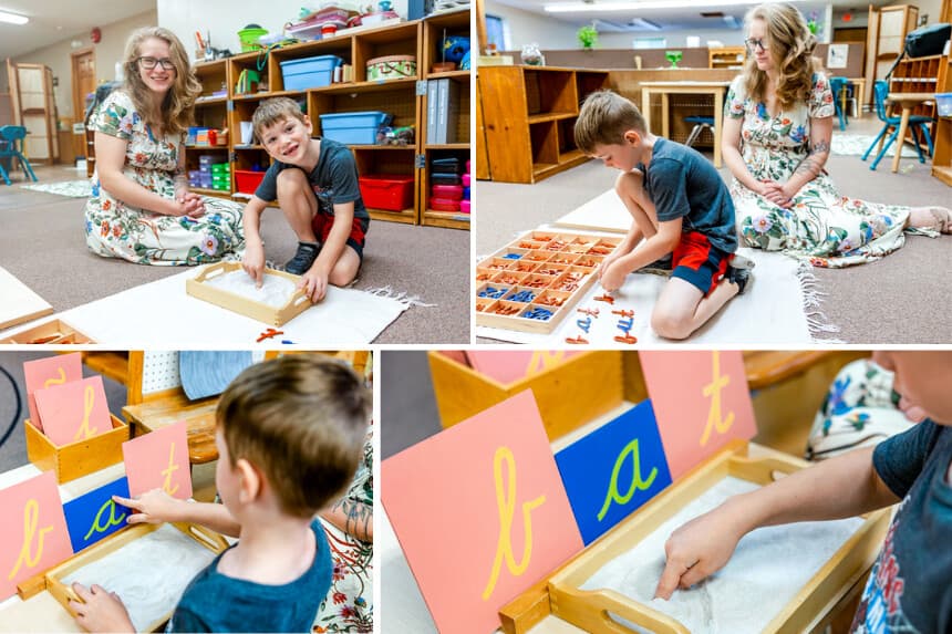 La maestra Colleen Endrizzi y un alumno de primer grado exploran la escritura cursiva en la escuela Willoughby Montessori en Willoughby, Ohio, el 10 de julio de 2026. (Jonathan D. Williams para The Epoch Times).