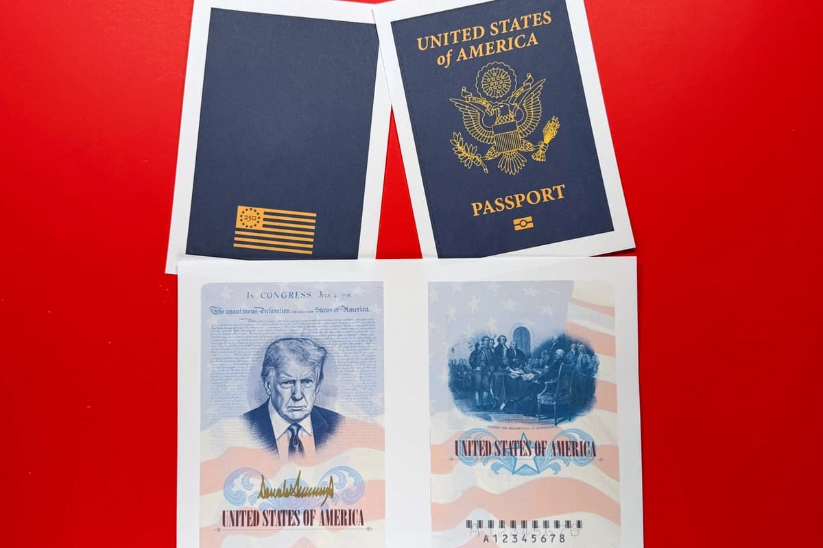 Una muestra de la edición limitada del pasaporte conmemorativo de EE. UU. que celebra el 250.º aniversario de Estados Unidos y presenta una fotografía del presidente Donald Trump, el 28 de abril de 2026. (Jon Elswick/AP Photo)