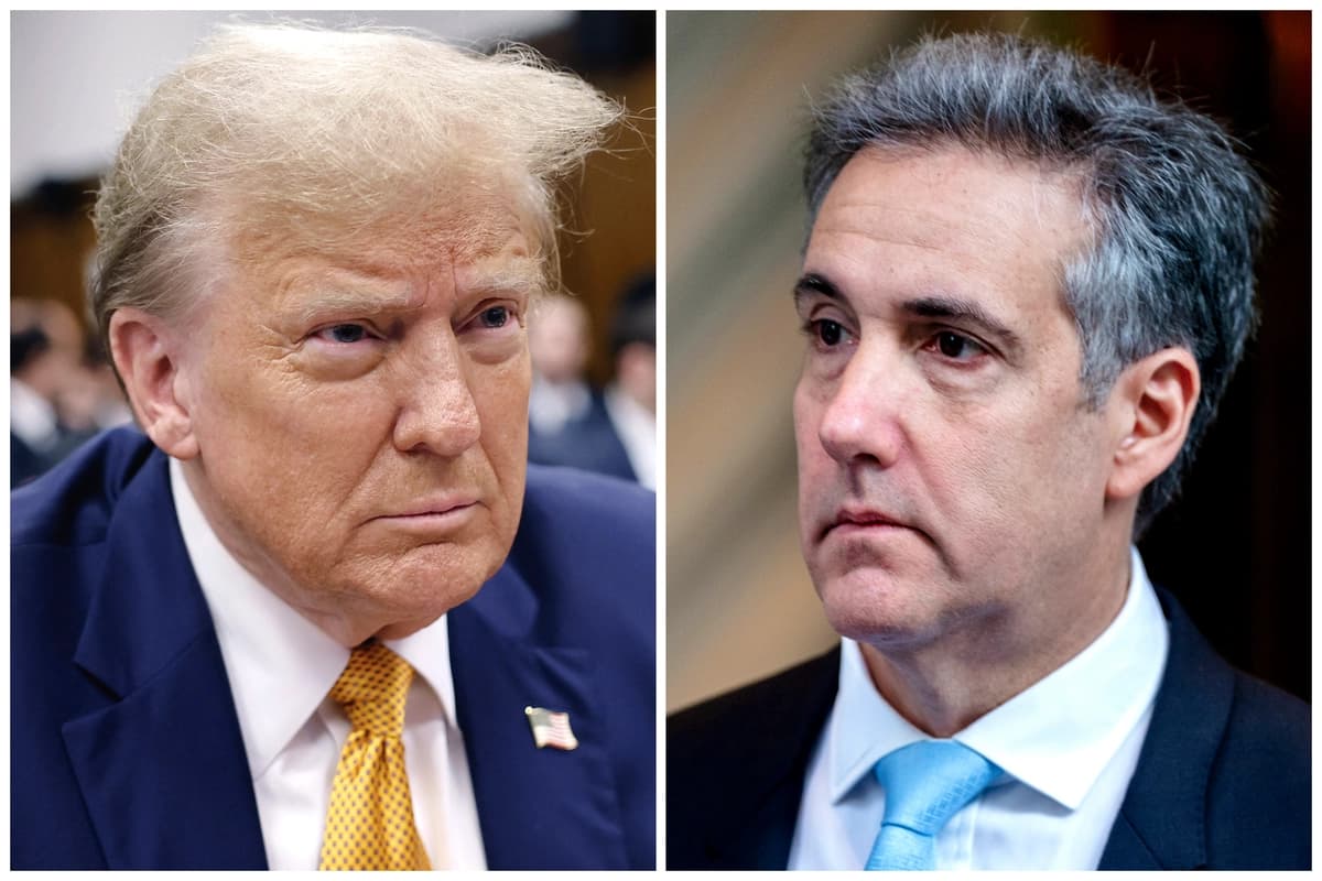 (Izquierda) El presidente Trump en su juicio en el Tribunal Penal de Manhattan, en la ciudad de Nueva York, el 14 de mayo de 2024. (Derecha) El exabogado de Trump, Michael Cohen, el 14 de mayo de 2024. (Michael M. Santiago/Pool/AFP vía Getty Images; David Dee Delgado/Getty Images)