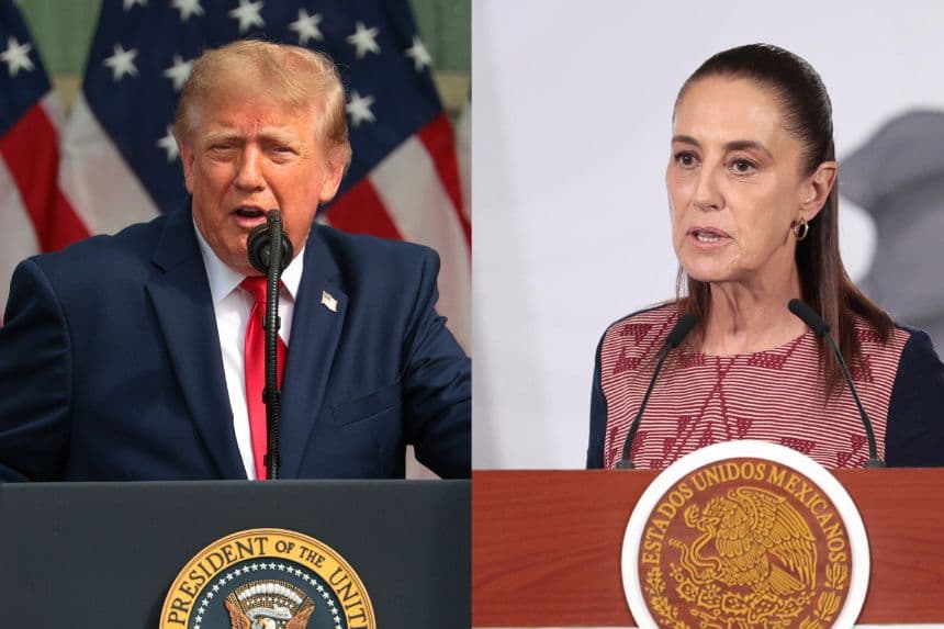 (De Izq. a der.) El presidente de Estados Unidos, Donald Trump, pronuncia un discurso durante una ceremonia en conmemoración del 25.º aniversario de los atentados terroristas del 11 de septiembre, celebrada en el patio del Pentágono el 11 de septiembre de 2026 en Arlington, Virginia. (Chip Somodevilla/Getty Images) / La presidenta de México, Claudia Sheinbaum, habla durante una rueda de prensa el 25 de mayo, en el Palacio Nacional de Ciudad de México, México. (EFE/ José Méndez)